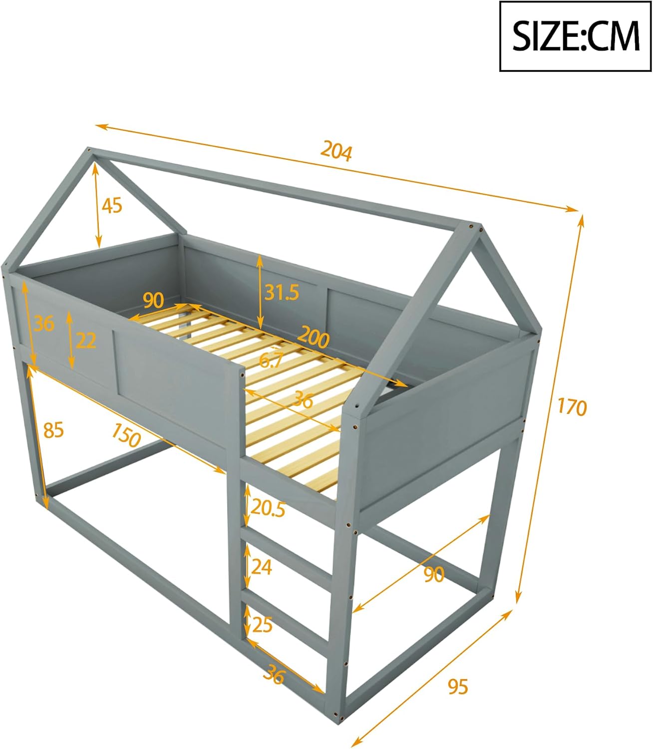 okwish Hochbett für 2 Kinder 90 x 200cm, Kinderbett Baumhaus mit Treppe und Massivholzrahmen, Hausbett, Grau(Ohne Matratze)