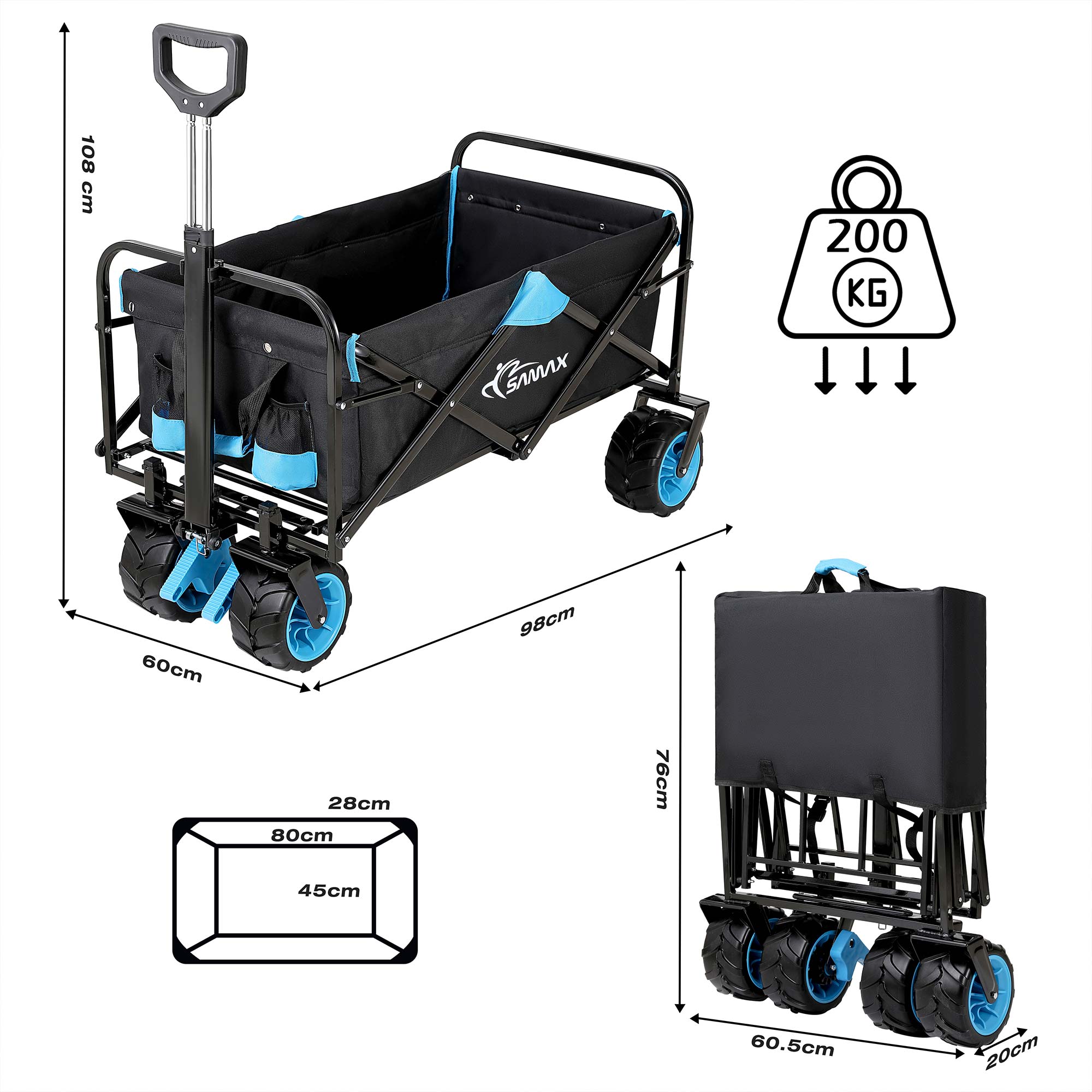 SAMAX Faltbarer Bollerwagen Offroad Camping Edition bis 200 kg - Schwarz / Blau