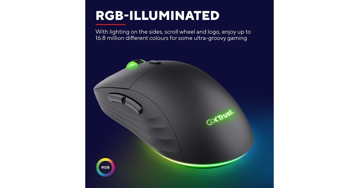TrustGXT 927 Redex+ draadloze gaming muis met hoog prestatieniveau  (Zwart, RGB | 100 - 25.600 dpi | PS4 | PS5 | XBOX series X|S)