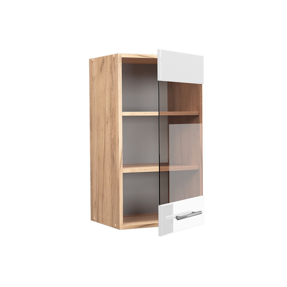 Vicco Hängeglasschrank Küchenschrank Küchenmöbel Fame-Line Eiche Weiß modern 40 cm Küche Einbauküche Hängeschrank Glasschrank Drehtür Einlegeboden Küchenzeile Hochglanz