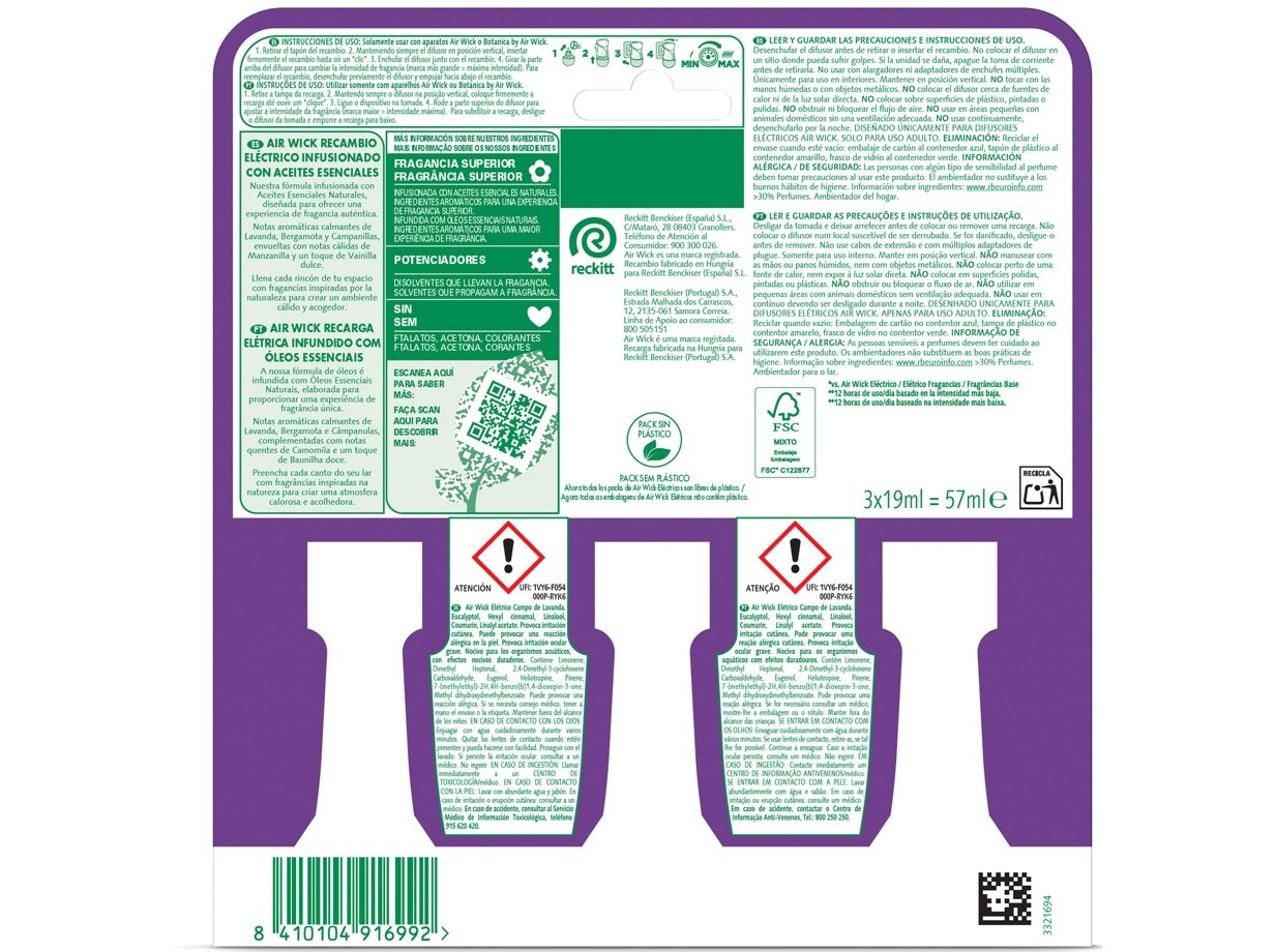 AMBIENTADOR ELÉCTRICO RECARGA AIRWICK CAMPO LAVANDA 3X19ML