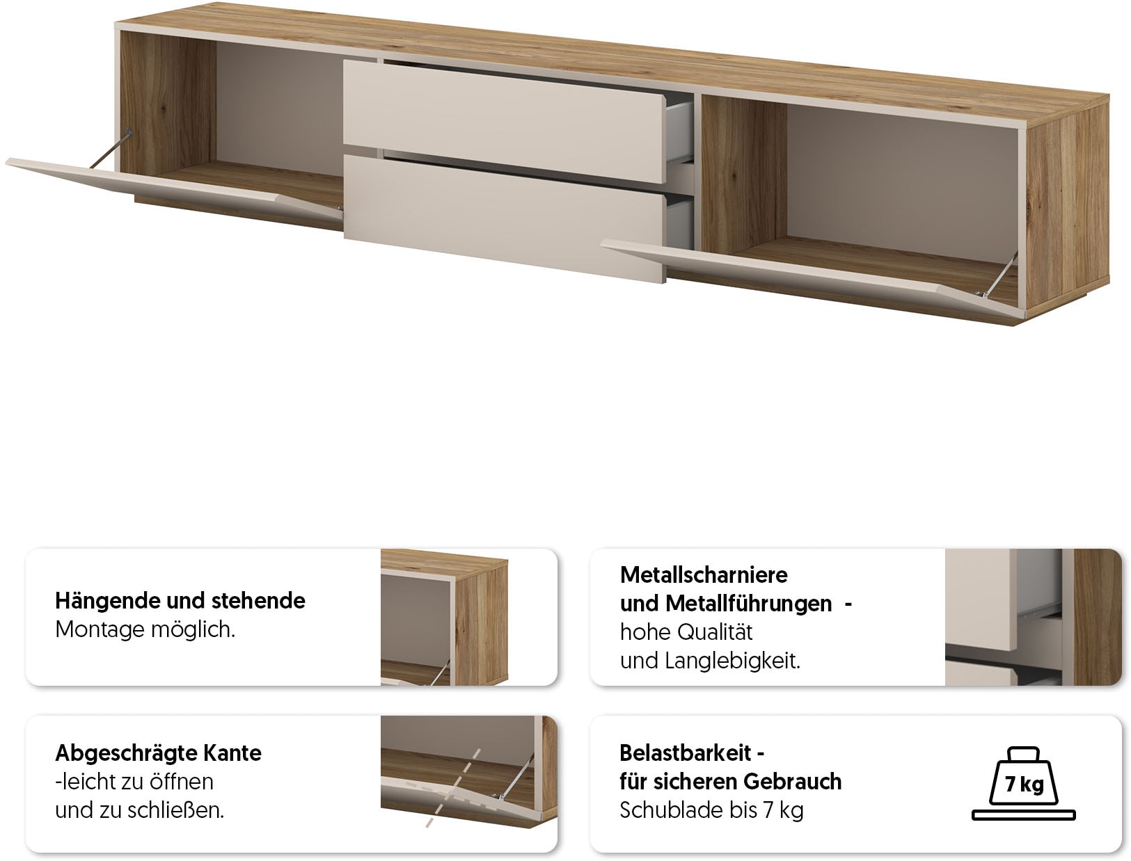 INOSIGN Lowboard »Criss, Breite 200 cm, moderne grifflose TV-Kommode« TV-Kommode, TV-Schrank, hängend und stehend montierbar