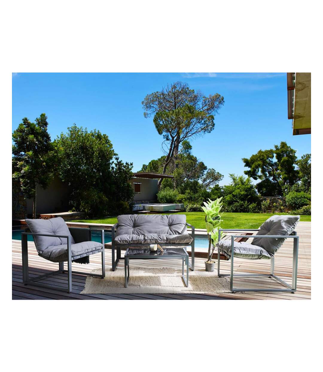 Salon de jardin détente 4 pièces avec coussins Ajaccio Coussins gris
