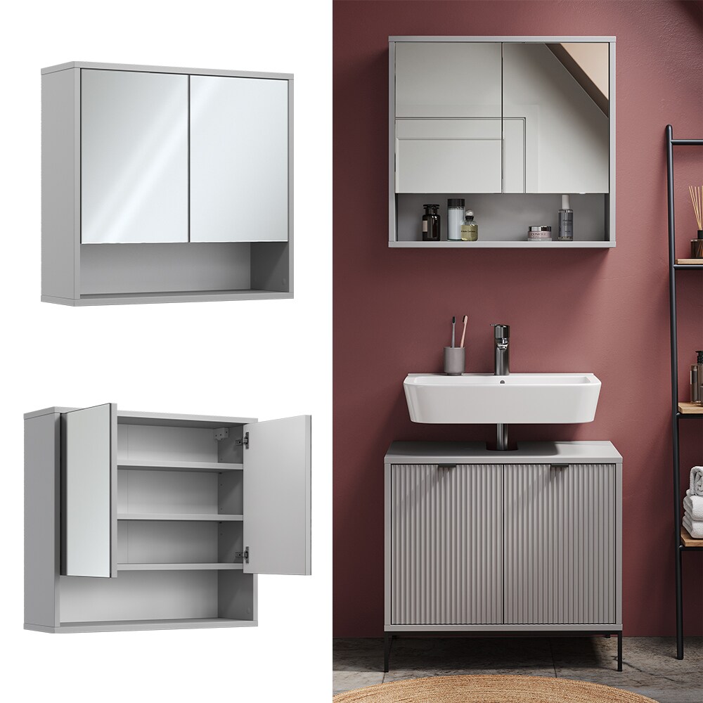 Vicco Spiegelschrank für Badezimmer Eliza 70 x 65 cm, Grau, Badezimmer, Ablage
