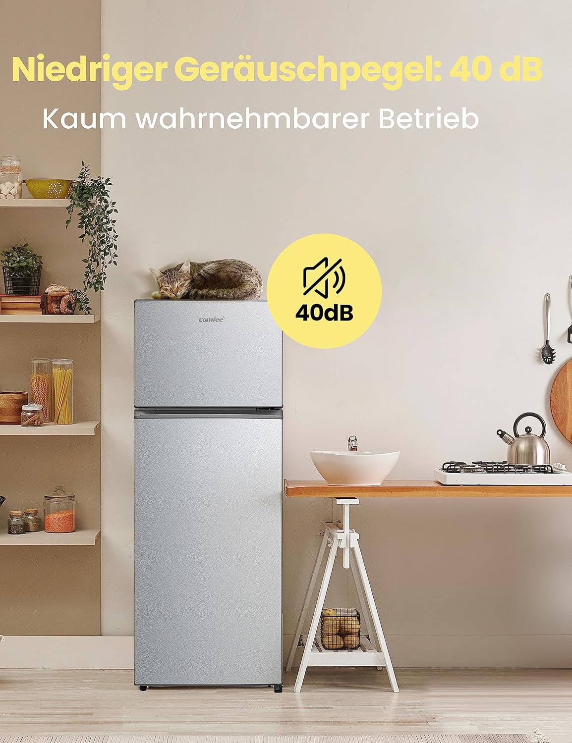 Comfee RCT284DS2 Kühl-/Gefrierkombination/Gefrierteil oben/176 kWh/Jahr/143cm Höhe/LED Licht/Reversibles Türscharnier/Silber