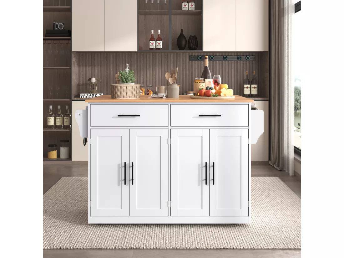 Ilot central de cuisine - 2 tiroirs et 4 compartiments - pieds en roulettes ou en bois - Blanc