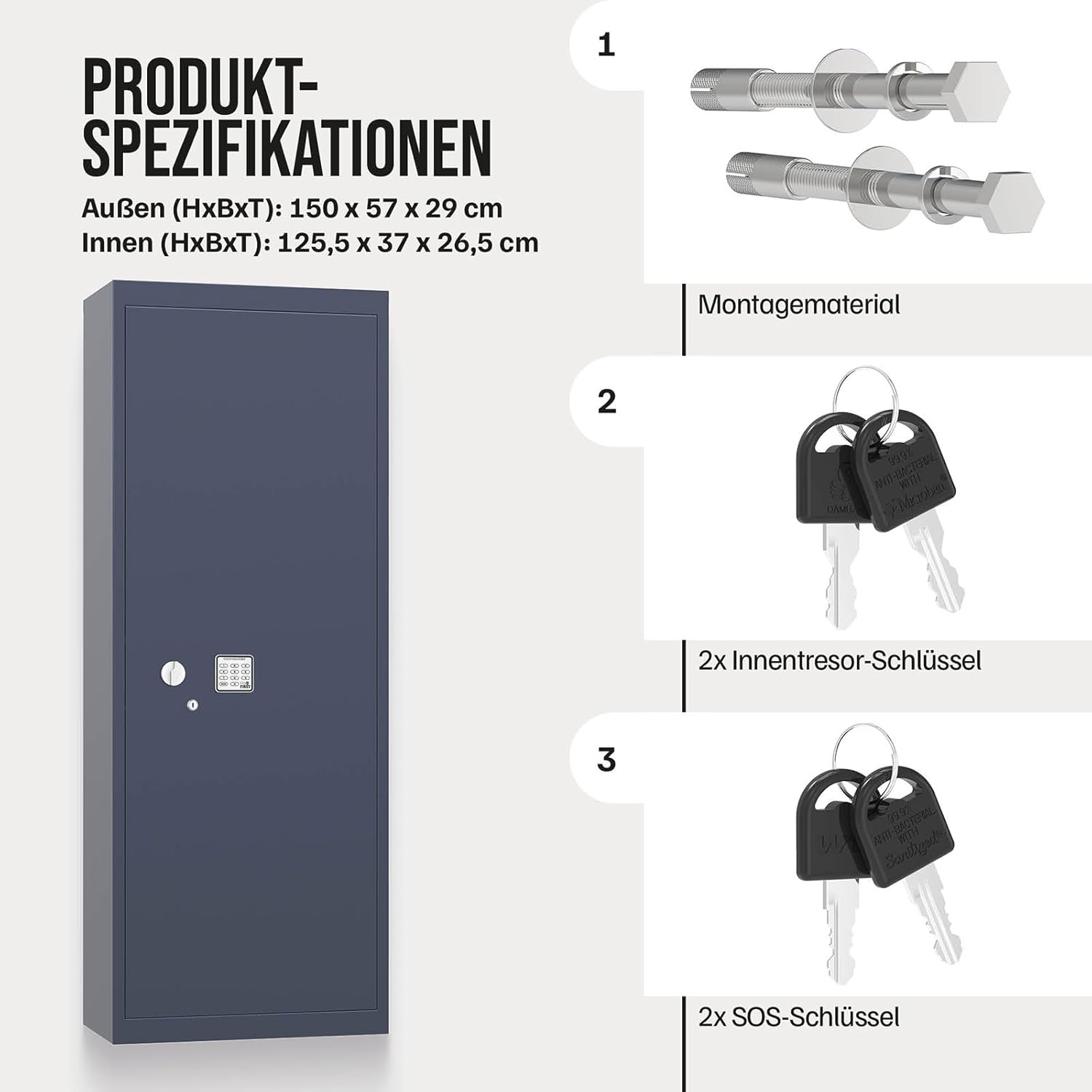 Profirst Waffenschrank Forest 8 Stahl Elektronikschloss Notöffnung separat versperrbarer Innentresor 3 Fachboden Putzstockhalterung Schaumstoffwaffenhalter inkl. Befestigungsmaterial