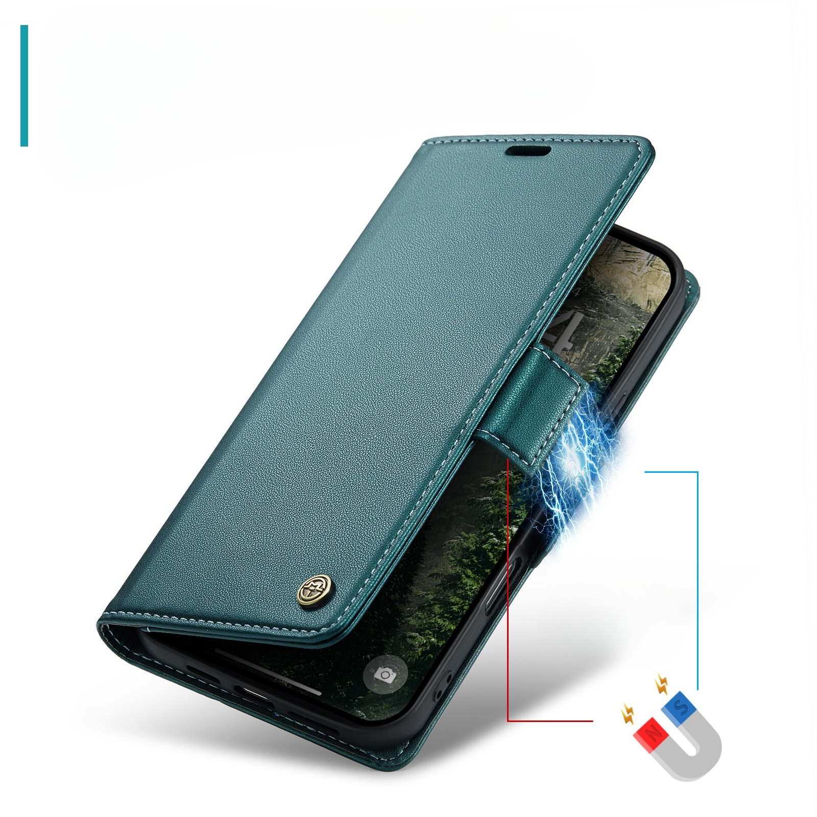 iPhone 17 Leder Tasche Flip Wallet Etui mit Kartenfächern Litchi Look (RFID Schutz) - Grün