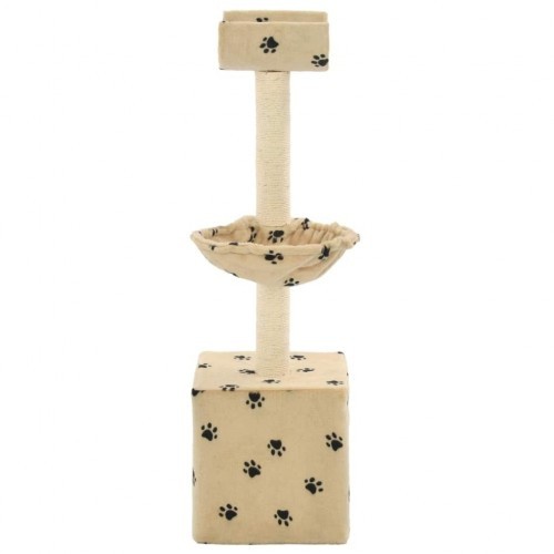 Arranhador para gatos com poste de sisal, bege, com estampa de patas.