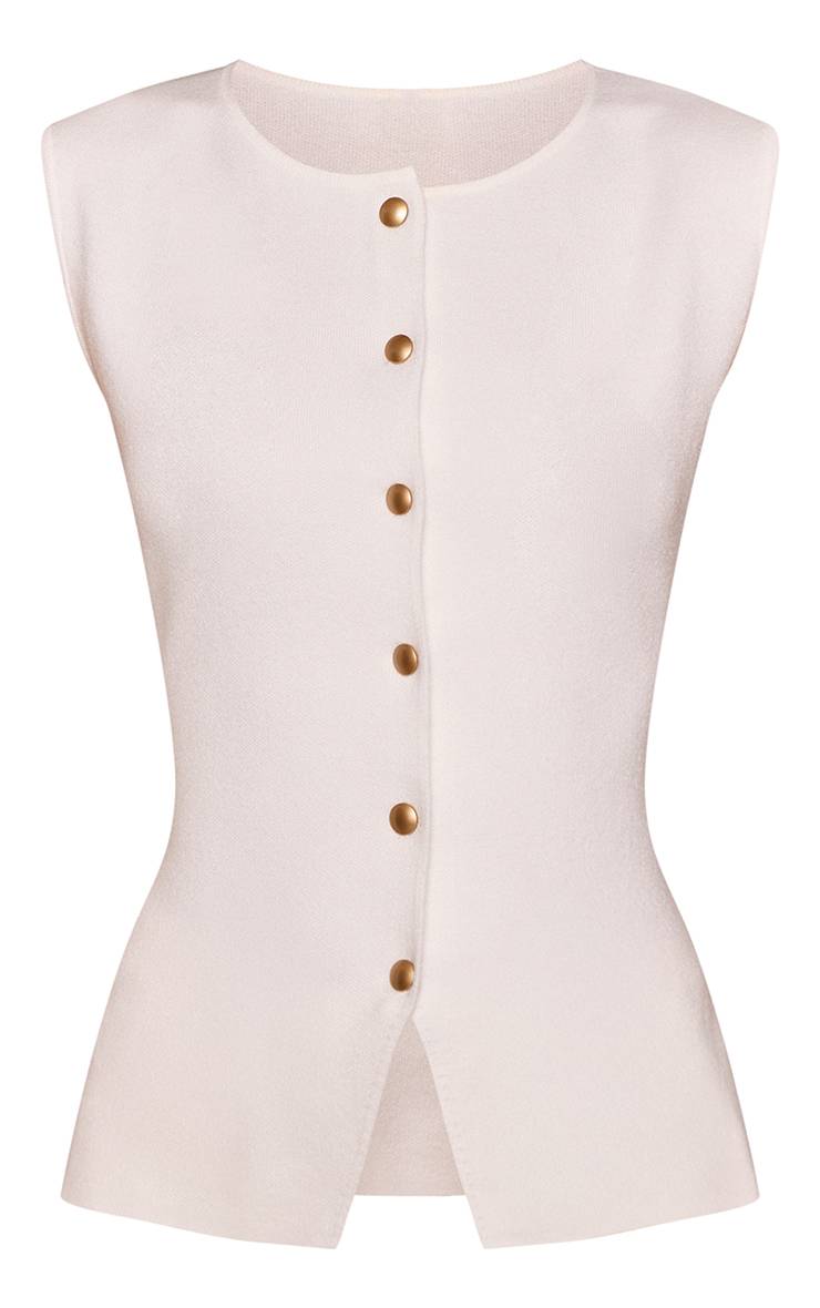 Blanc Haut Sans Manches En Maille Côtelée Avec Taille Cintrée Et Boutonnage