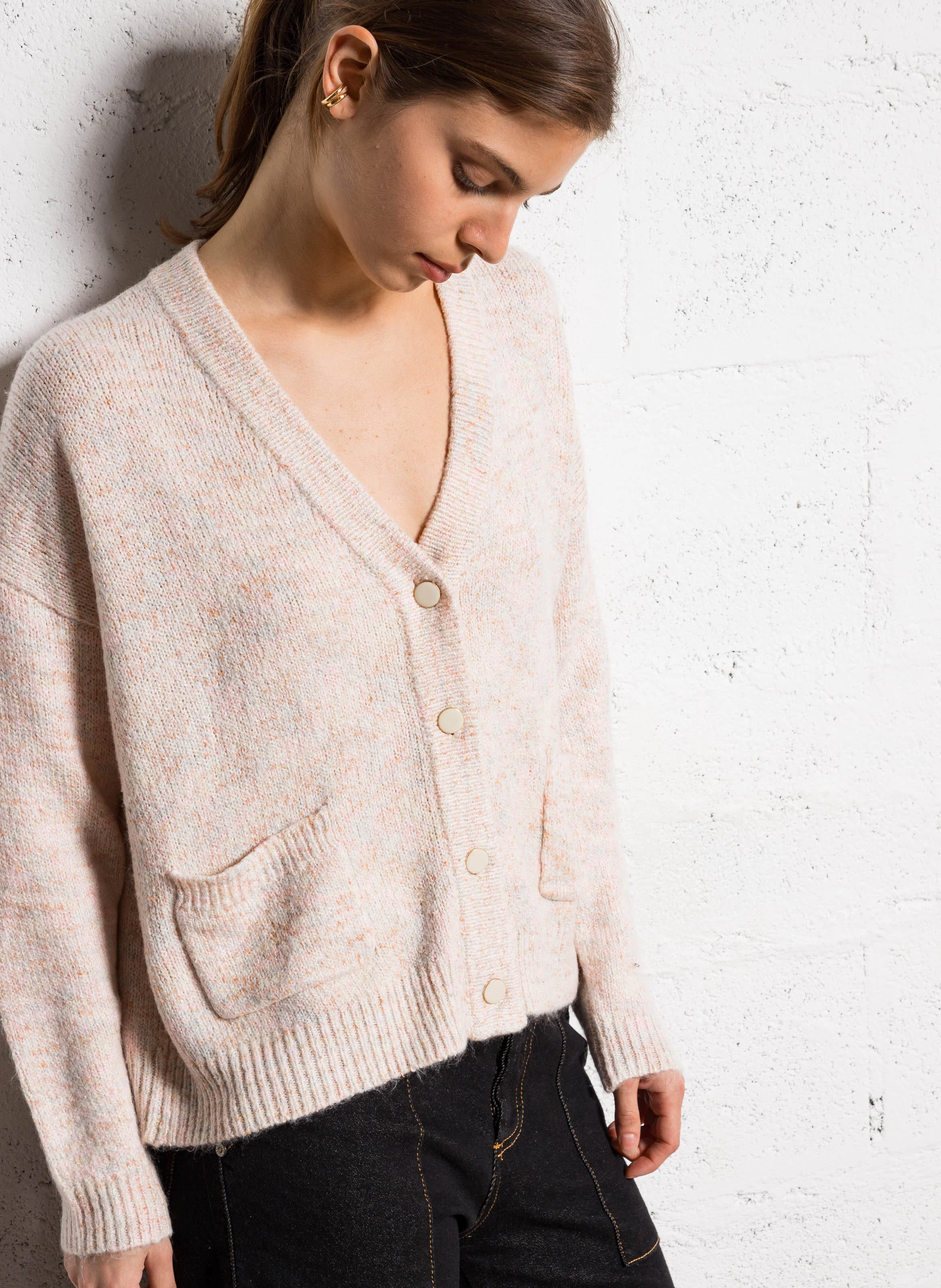 Gilet ample col V jacquard en maille mélangée | Blanc
