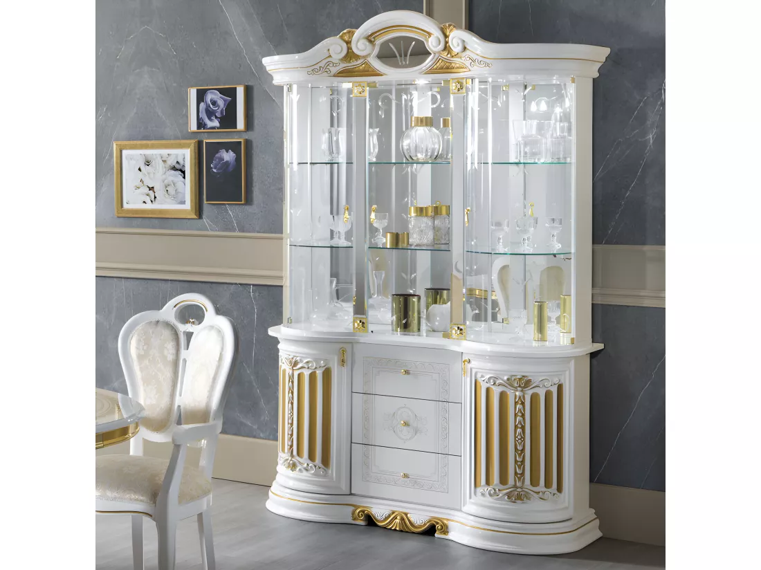 Vitrine 5 portes battantes 3 tiroirs Blanc/Or à led - ADELE - L 139 x l 50 x H 213 cm