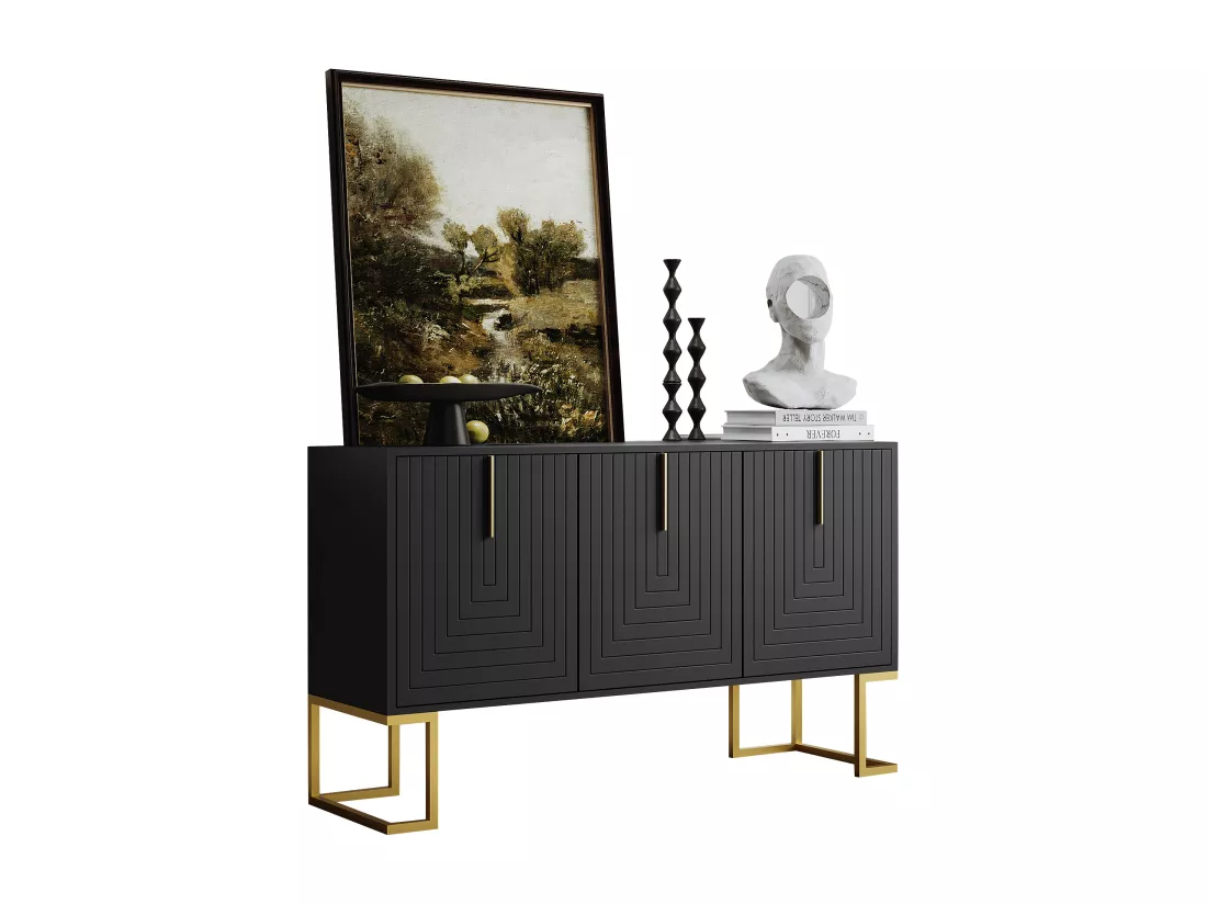 Buffet moderne avec étagères réglables - 3 portes à motif de U - poignées et base en métal - Noir
