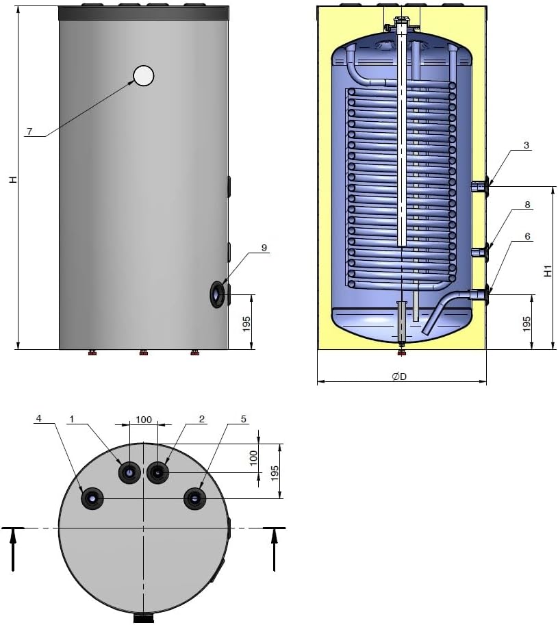 200 Liter Indirekt beheizter Warmwasserspeicher mit 1 Wärmetauscher als Unterstellspeicher - Anschlüsse nach oben - Zirkulation seitlich -