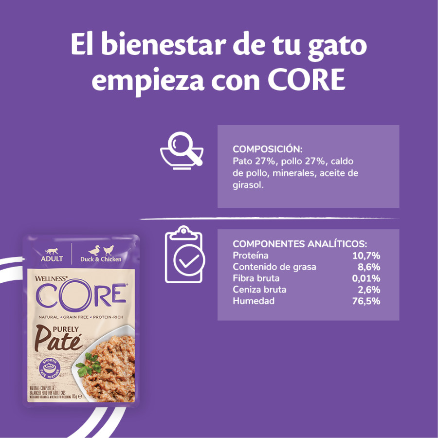 Sachê de 85g de patê de pato e frango Wellness Core Adult para gatos.