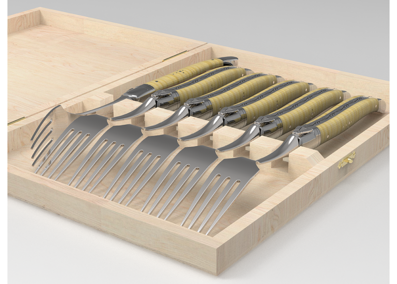 Service de 6 fourchettes Laguiole avec un manche en érable onde et mitres en acier inoxydable
