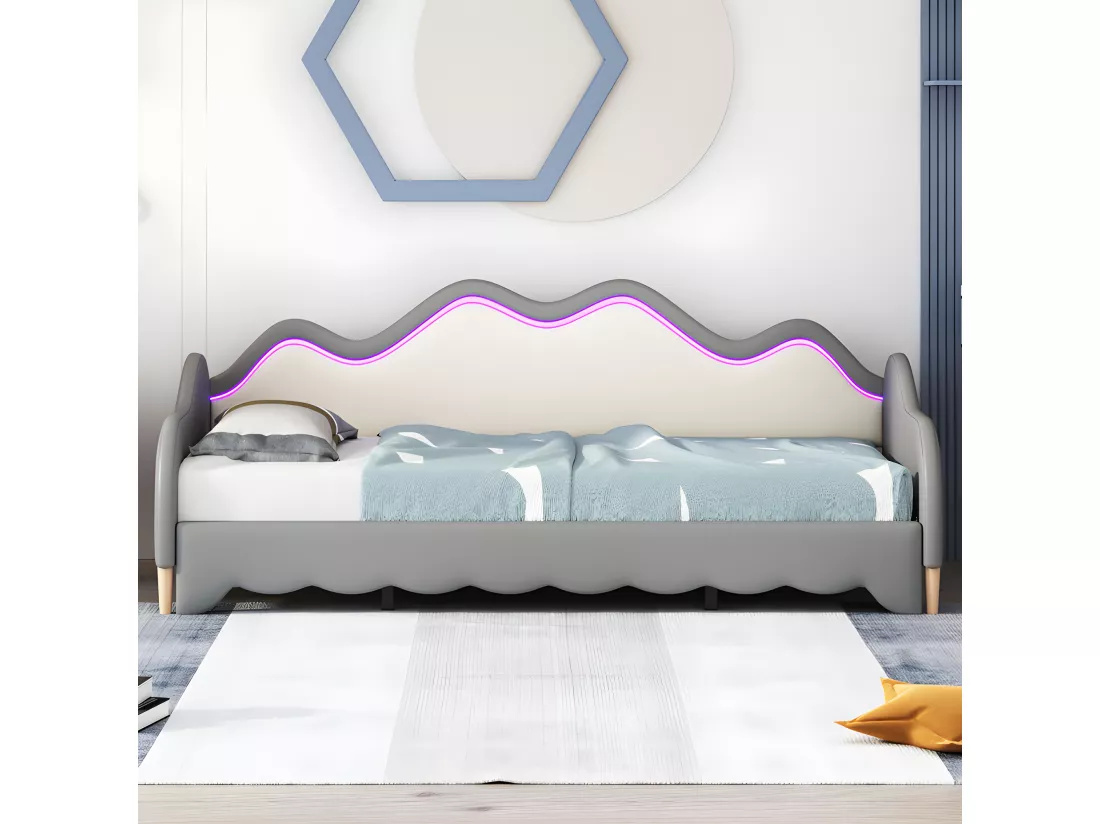 Lit gigogne tirable 90(180)x190 cm - en similicuir - avec éclairage LED et sommier à lattes - Gris