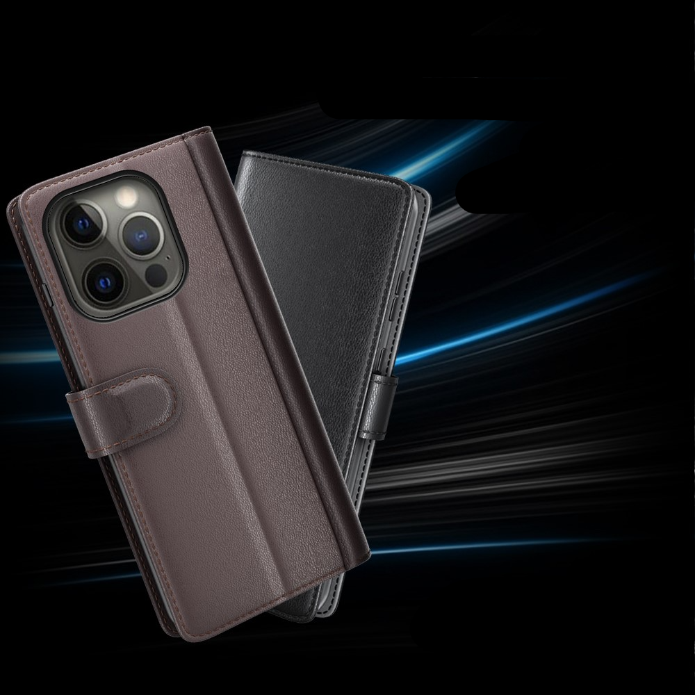 iPhone 13 Pro Echtleder Tasche Hülle Flip Cover mit Kartenfach - Schwarz