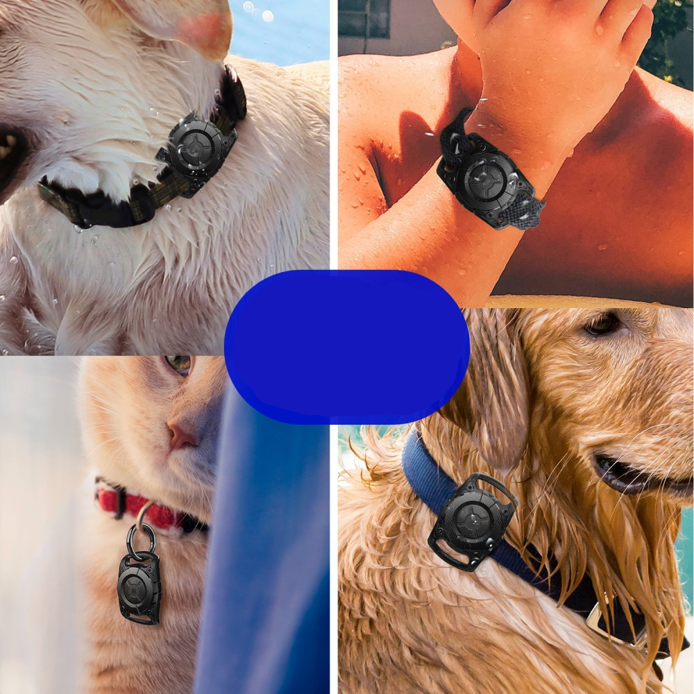 Apple AirTag Hardcase Hülle Halsband Halterung für Haustiere im Carbon Look IP67 (Hund / Katze) - Schwarz