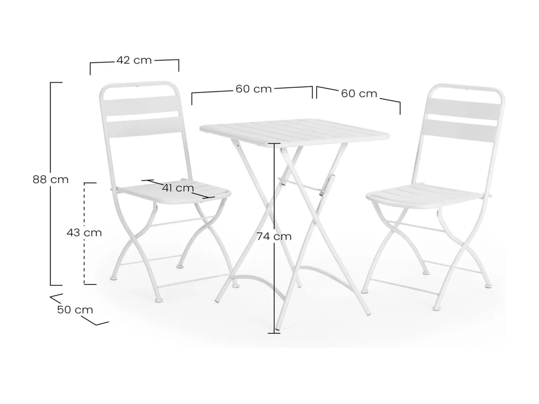 Ensemble Bistro de jardin Perla 3 Pièces Blanc, Table et 2 Chaises