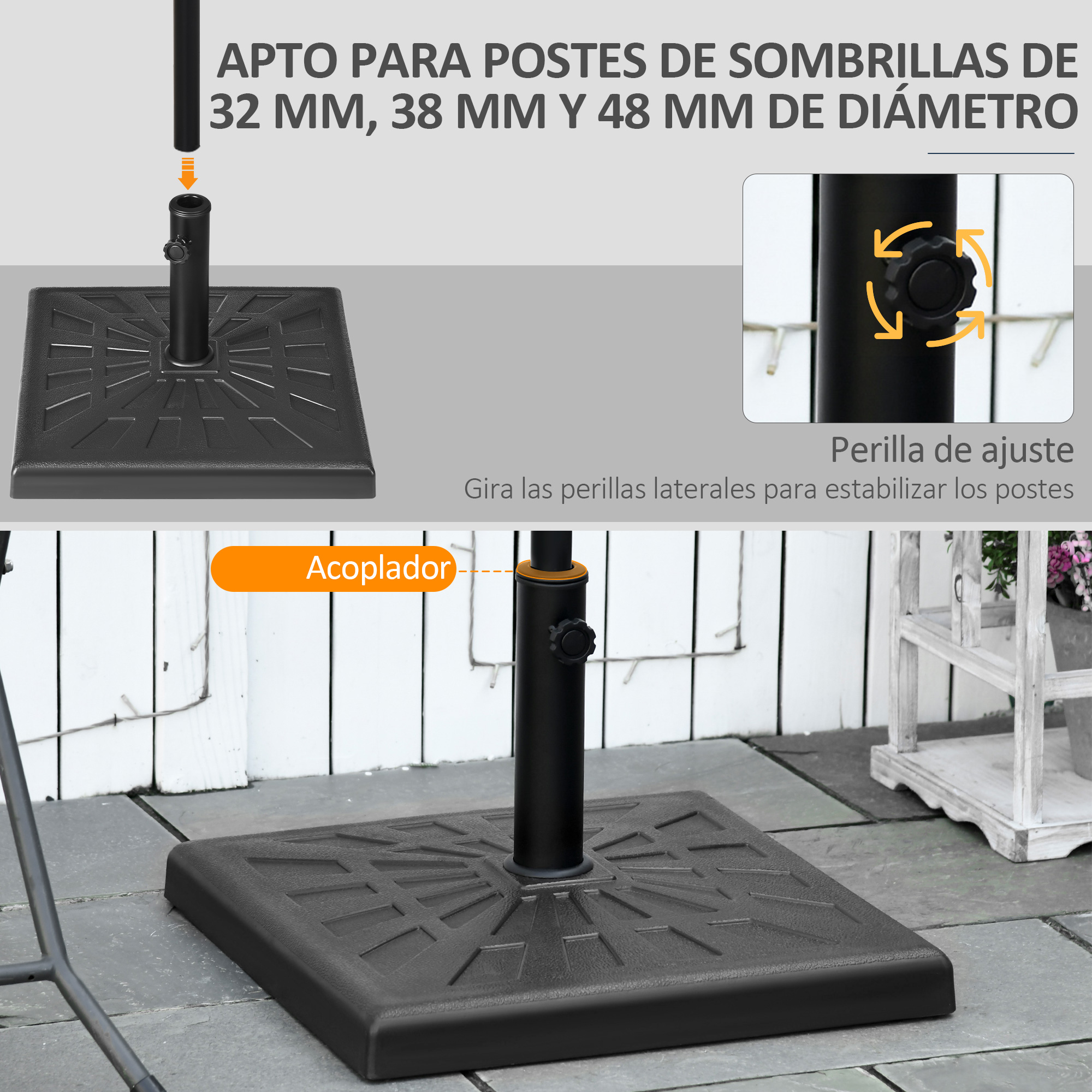 Base de resina Outsunny para guarda-sol, 19 kg, compatível com mastros de Ø32/38/48 mm, para jardim, terraço ou pátio, 51x51x32 cm, preta.