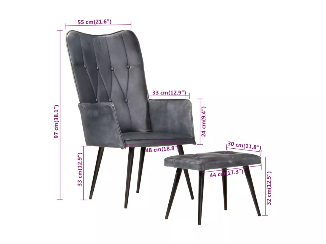 Chaise à oreilles avec repose-pied Gris Cuir véritable