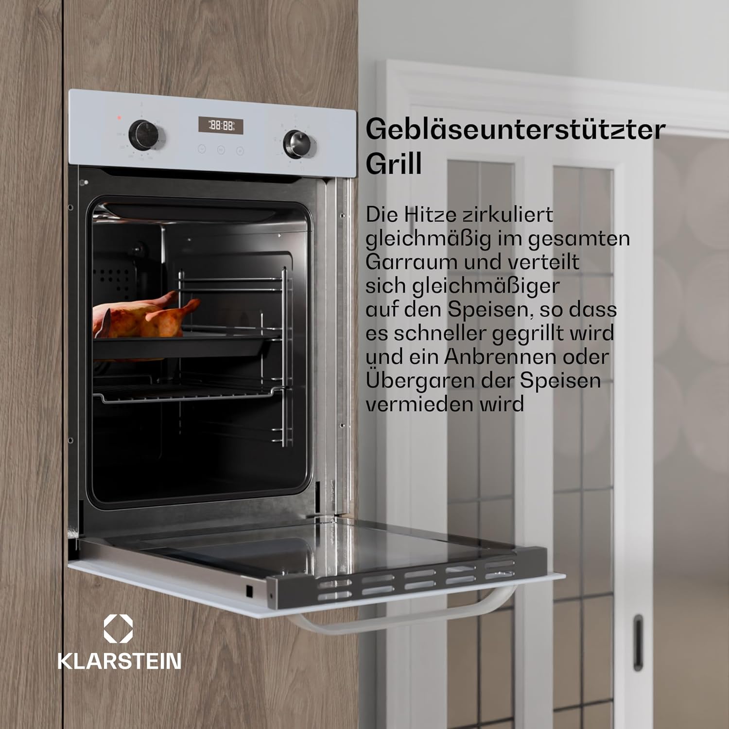 Klarstein SmartSlim Einbaubackofen - 45 cm, 49 L, 9 Funktionen, Dampfreinigung, Abnehmbare Glastür, Energieklasse A, Schwarzes Glas, Digitaler Timer, Backofen Einbaugerät