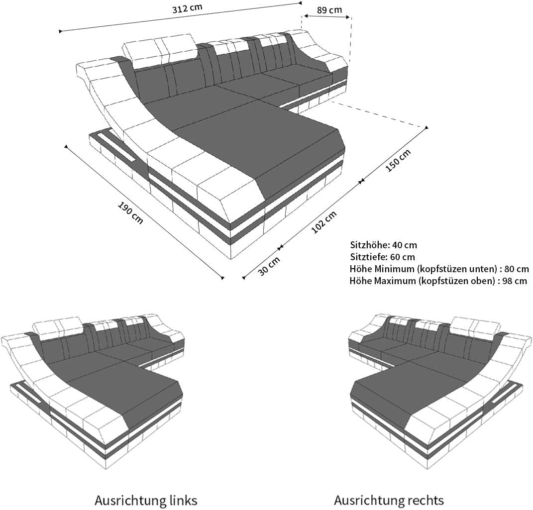 Sofa Dreams Ledersofa Turino L Form Ecksofa - mit LED Beleuchtung, verstellbare Kopfstützen, Recamiere/Lederfarben wählbar/Ausrichtung wählbar (Ottomane Links, Grau-Schwarz)