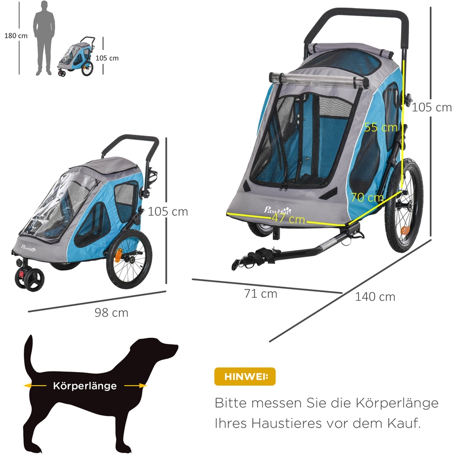 PawHut Fahrradanhänger für Hunde blau, grau, schwarz