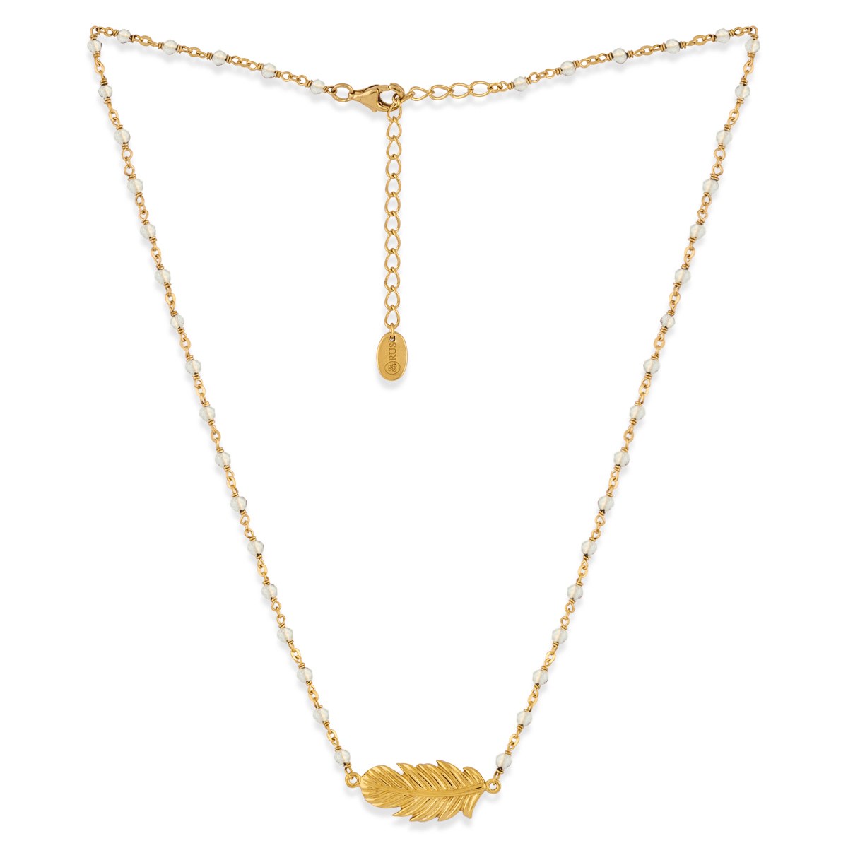 Collier Argent Doré Plume Et Pierres Naturelles Blanches