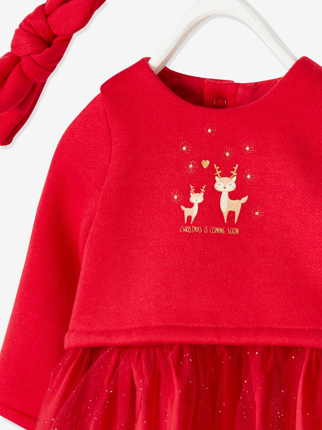 Vestido de festa 2 em 1, tiara e meia-calça, vermelho bebê escuro liso com estampas.
