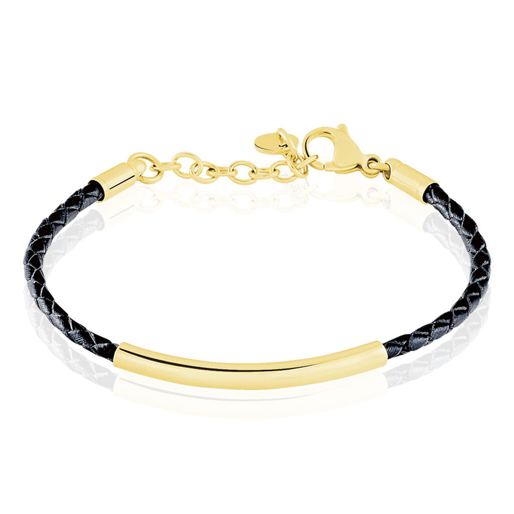 Bracelet Boshra Acier Dore Cuir Noir