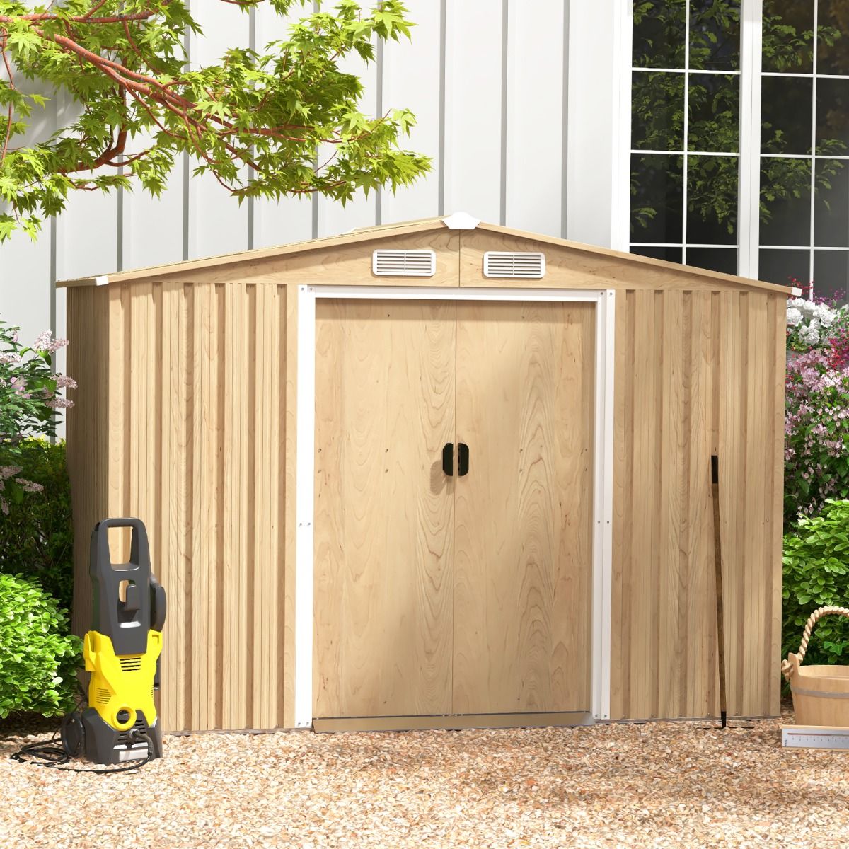 Abri de Rangement 259cm x196cm avec Base de Fondation Maison à Outils en Métal Galvanisé avec 4 Aérations Imperméable et Coupe-vent Naturel - Lidl-Manfred