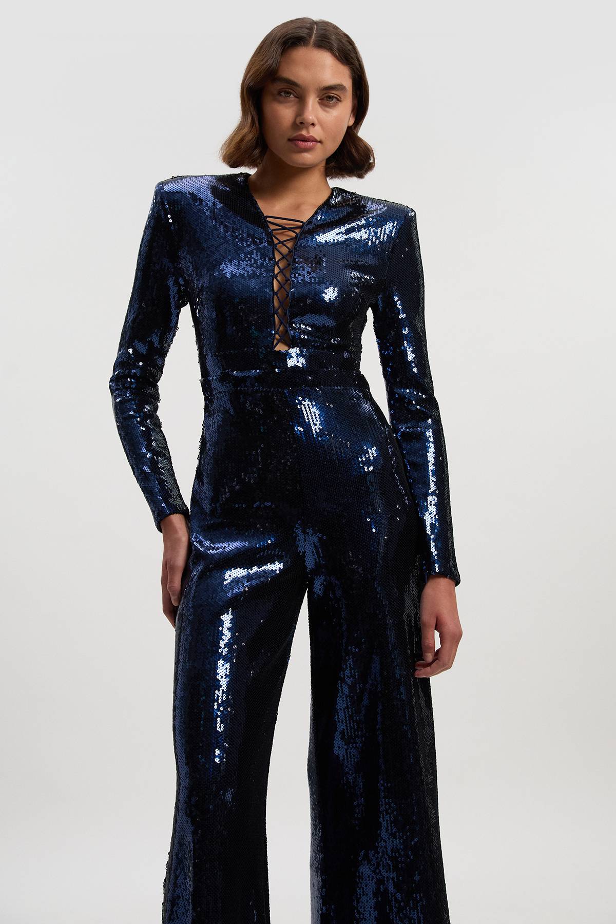 KarenMillen Combinaison à Manches Longues en Maille Stretch avec Détail Lacé et Sequins