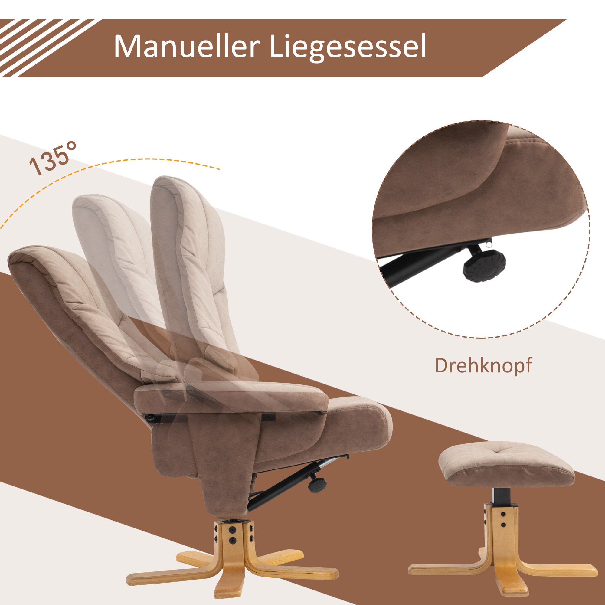HOMCOM Relaxsessel mit Holzfuß und Hocker braun 78L x 82,5B x 109H cm