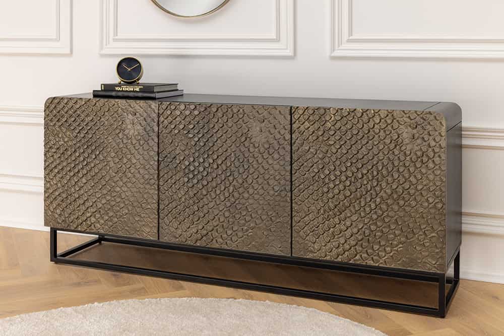 Massives Sideboard SNAKE 160cm braun Mangoholz mit 3D Schnitzereien schwarz Schlangen-Design