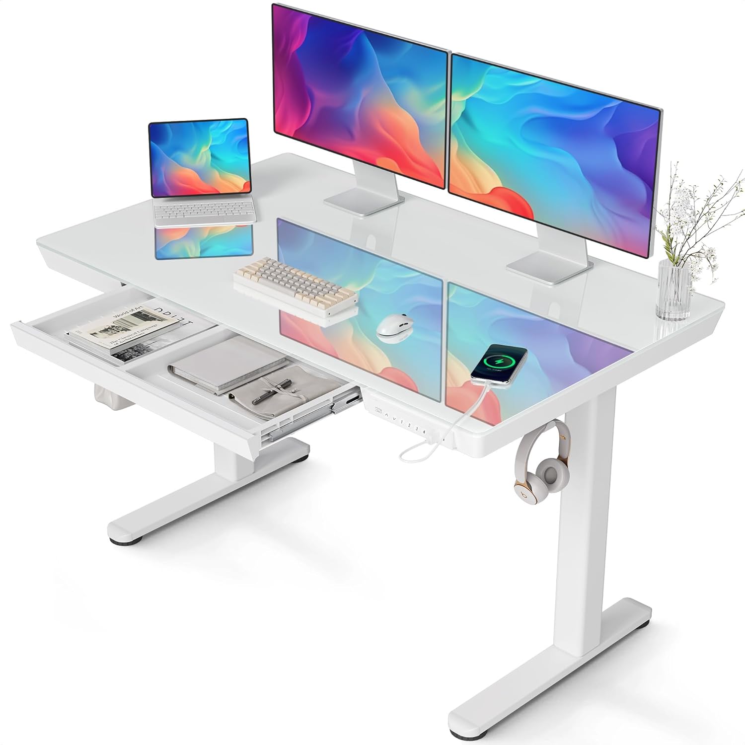 Claiks Glas Höhenverstellbarer Schreibtisch 120x60 cm Elektrischer Steh-Sitz-Schreibtisch mit robuster Glasplatte Leiser Motor für Homeoffice & Büro Ergonomisches Design für gesundes Arbeiten (Weiß)