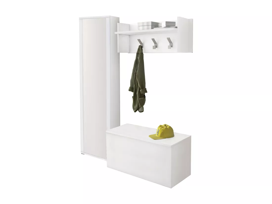 Meuble d'entrée Djohnse, Entrée moderne avec portemanteau, Armoire avec étagère à chaussures, Armoire avec miroir, Cm 50x32h182, Blanc