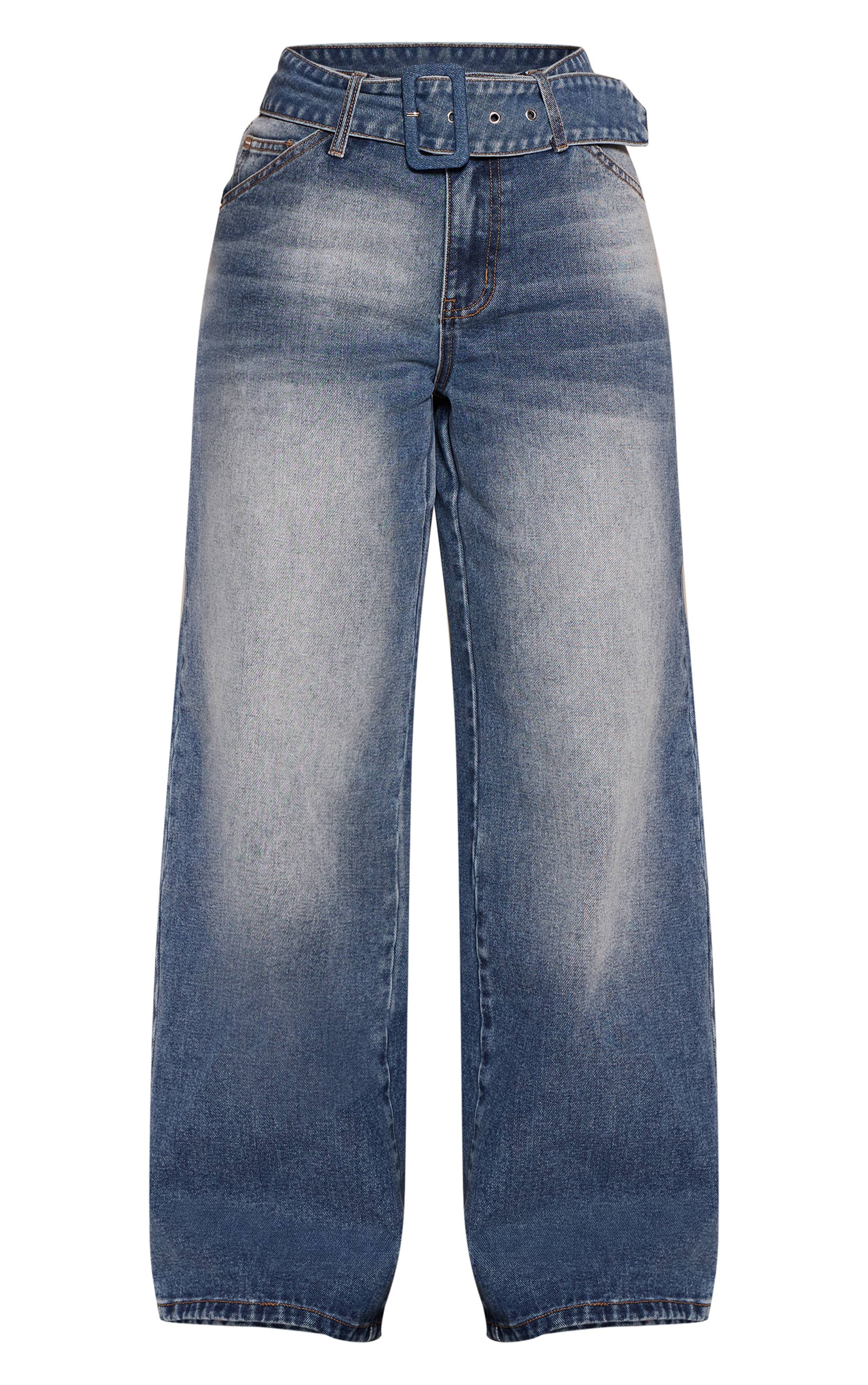 Mid Blue Wash Jean Large Taille Haute Ceinturé Bleu Moyen Petite