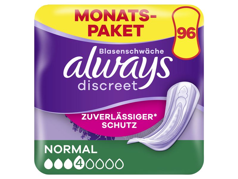 Always Inkontinenz Einlagen Discreet Normal 96 Stück Hochwertige Inkontinenzeinlagen für zuverlässigen Schutz