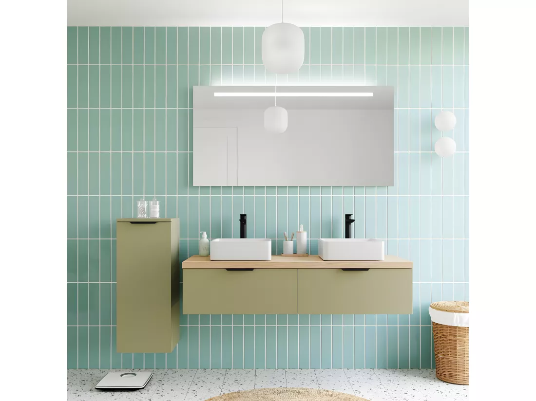 Meuble de salle de bain suspendu 2 vasques à poser 140cm 2 tiroirs Vert olive - Soho