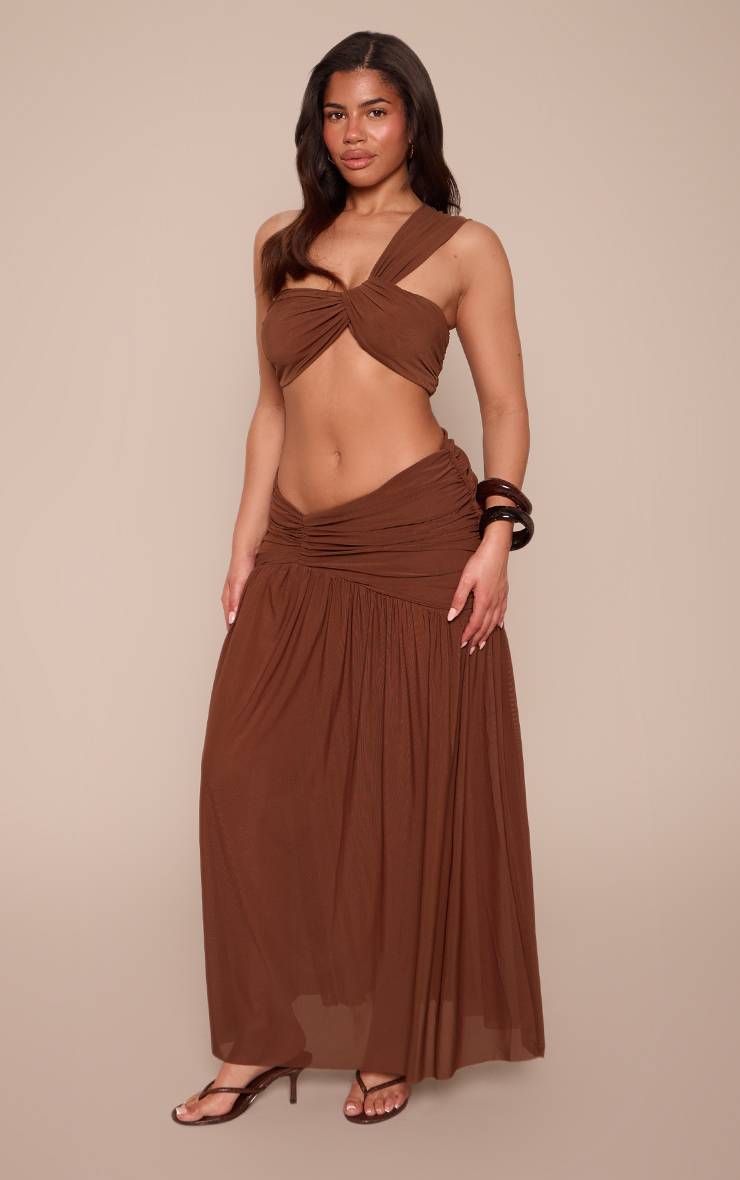 Chocolat Top Court Coordonné Asymétrique À Une Épaule En Mesh Contrasté Shape