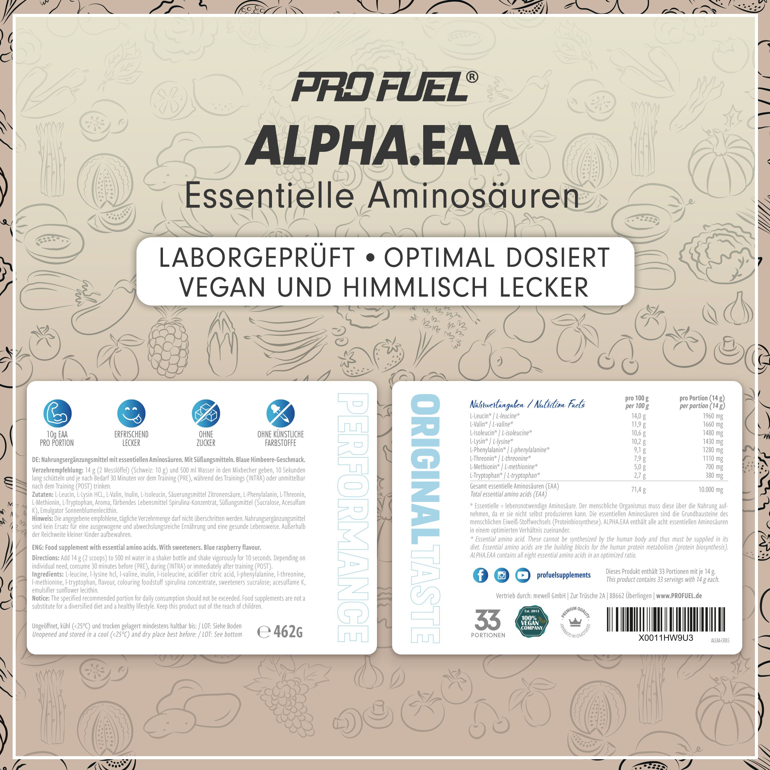 ProFuel - Alpha.EAA Pulver - Blaue Himbeere - optimal hochdosiert, Made in Germany, 100% vegan