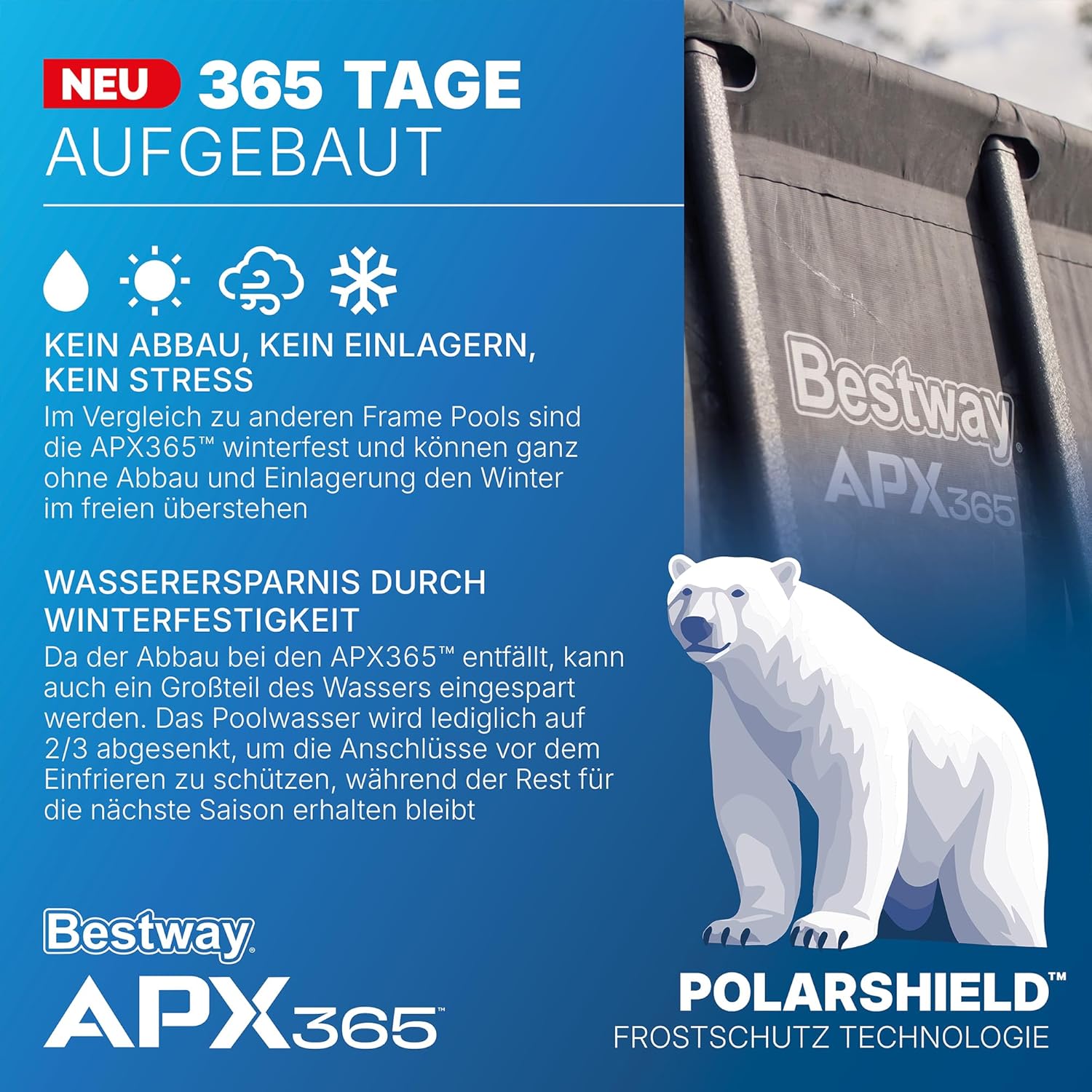 Bestway APX365 Winterfestes Frame Pool Komplett-Set, 956 x 488 x 132 cm, 52.231 L, Sandfilteranlage, Polar-Shield Ganzjahresschutz, ClickConnect System, Marmor-Optik, Sicherheitsleiter, Abdeckplane