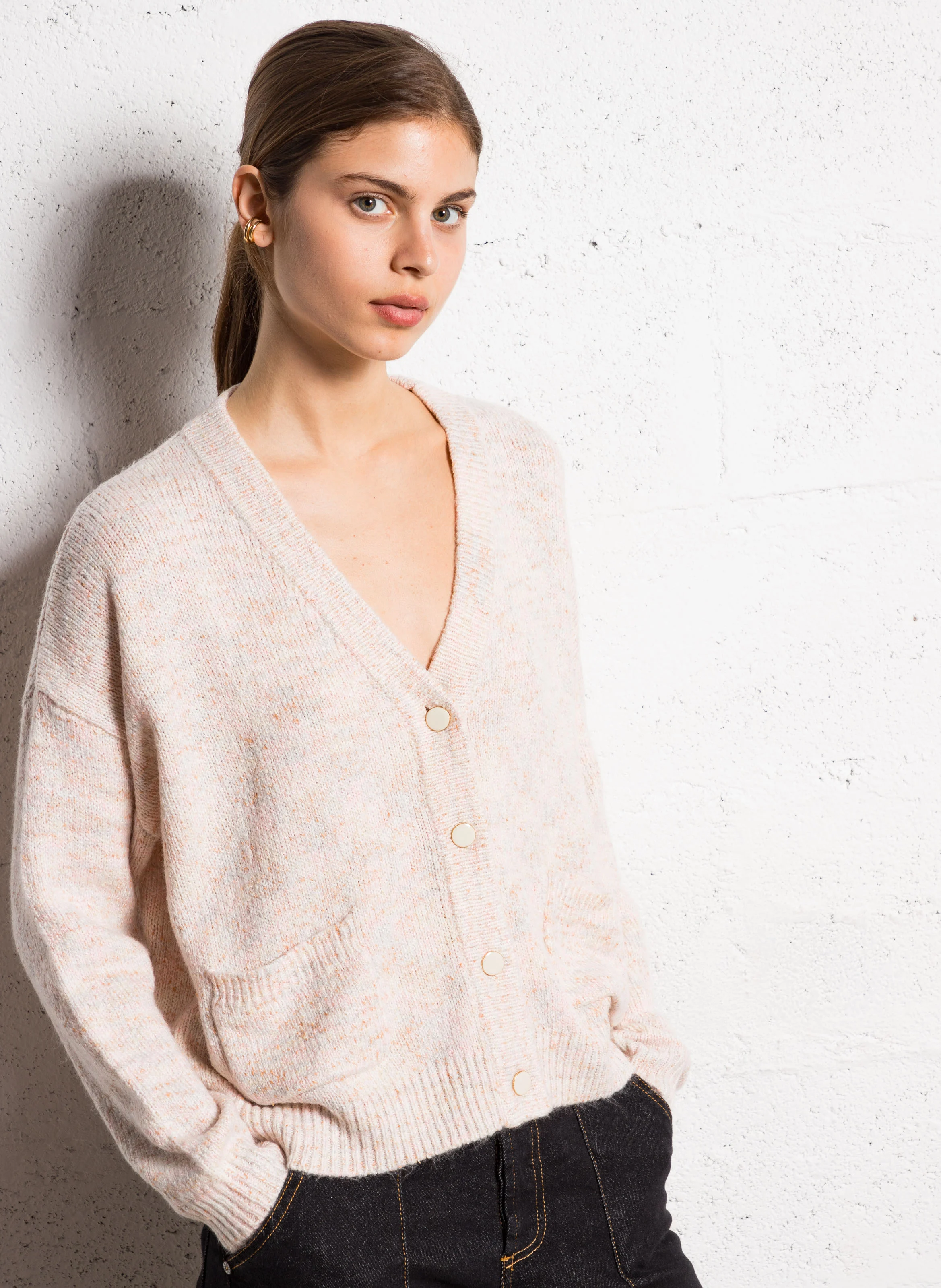 Gilet ample col V jacquard en maille mélangée | Blanc