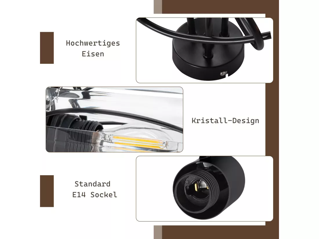 Spot 3er De Plafond En Cristal Noir Vintage E14 Pour Couloir Pivotant à 350° Industriel