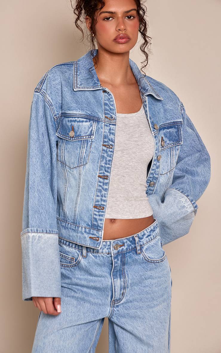Mid Blue Wash Jean Bleu Moyen À Ourlet Retroussé Profond