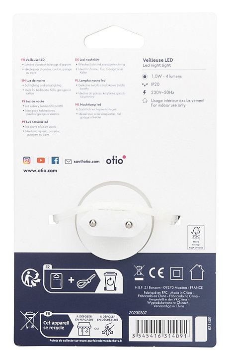 Veilleuse LED intégrée blanc neutre IP20 1W ⌀6xP.2,5cm Otio