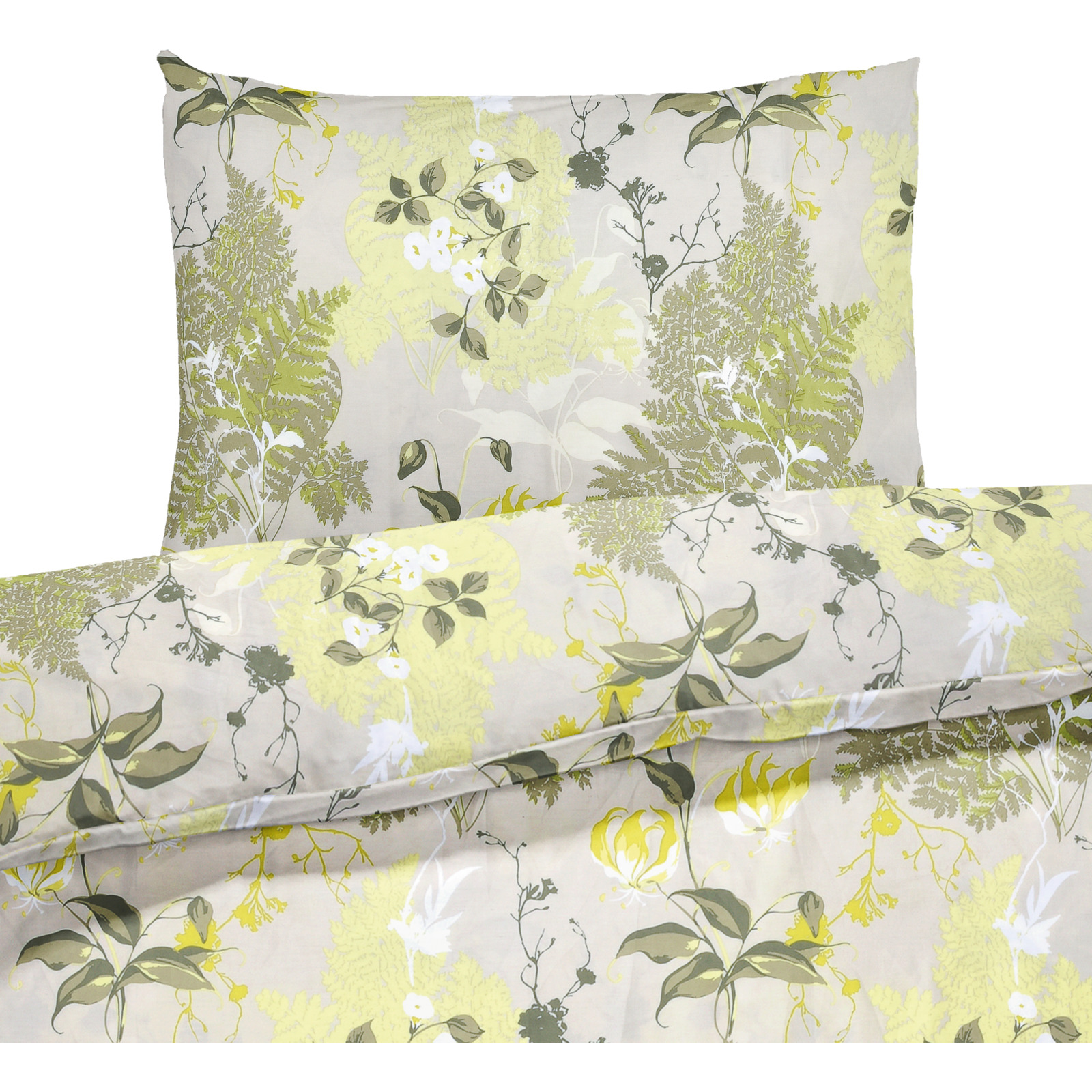 Bettwäsche Satin Waldpflanzen grau grün 160x210 65x100 Bettanzug Nord