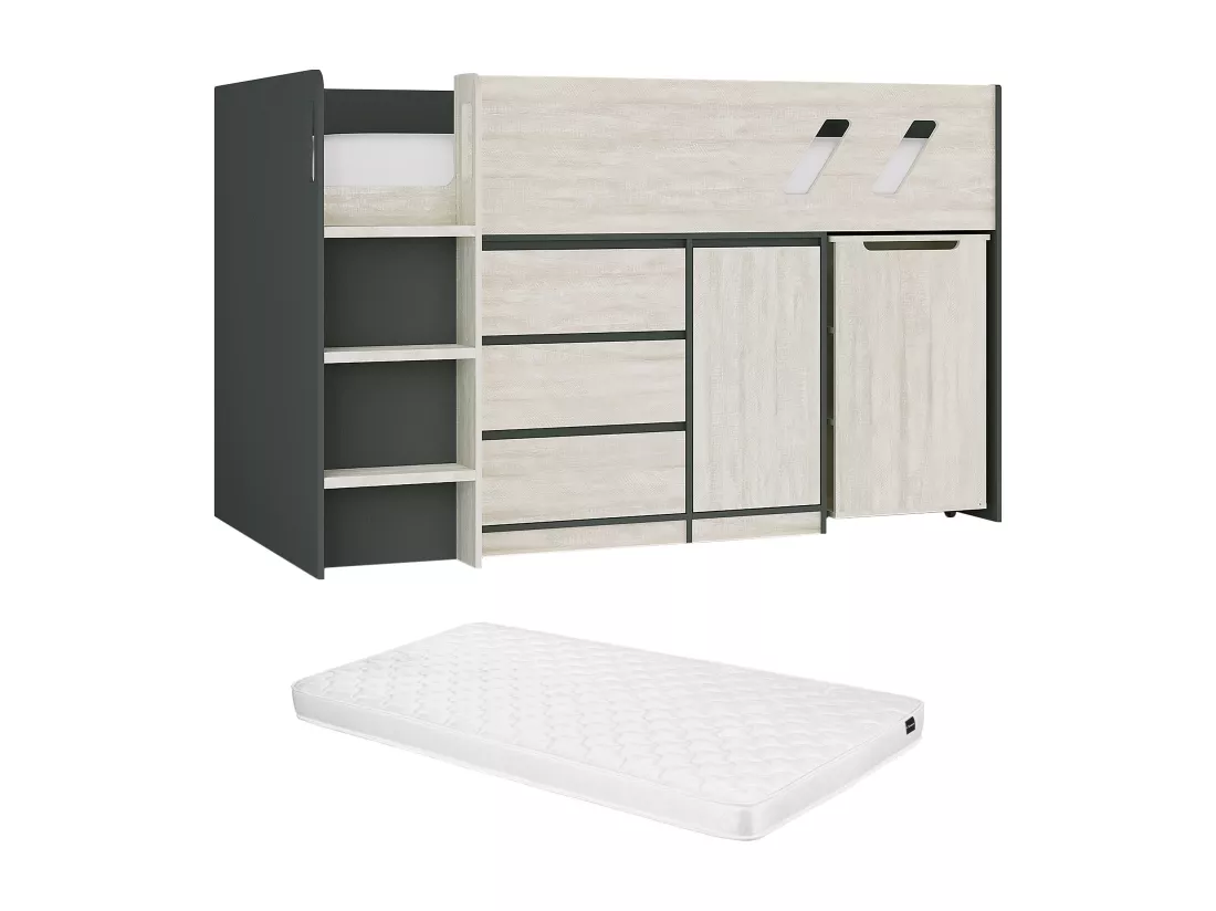 Lit combiné 90 x 190 cm avec bureau et rangements - Coloris : Anthracite et naturel grisé + Matelas - SAGITI